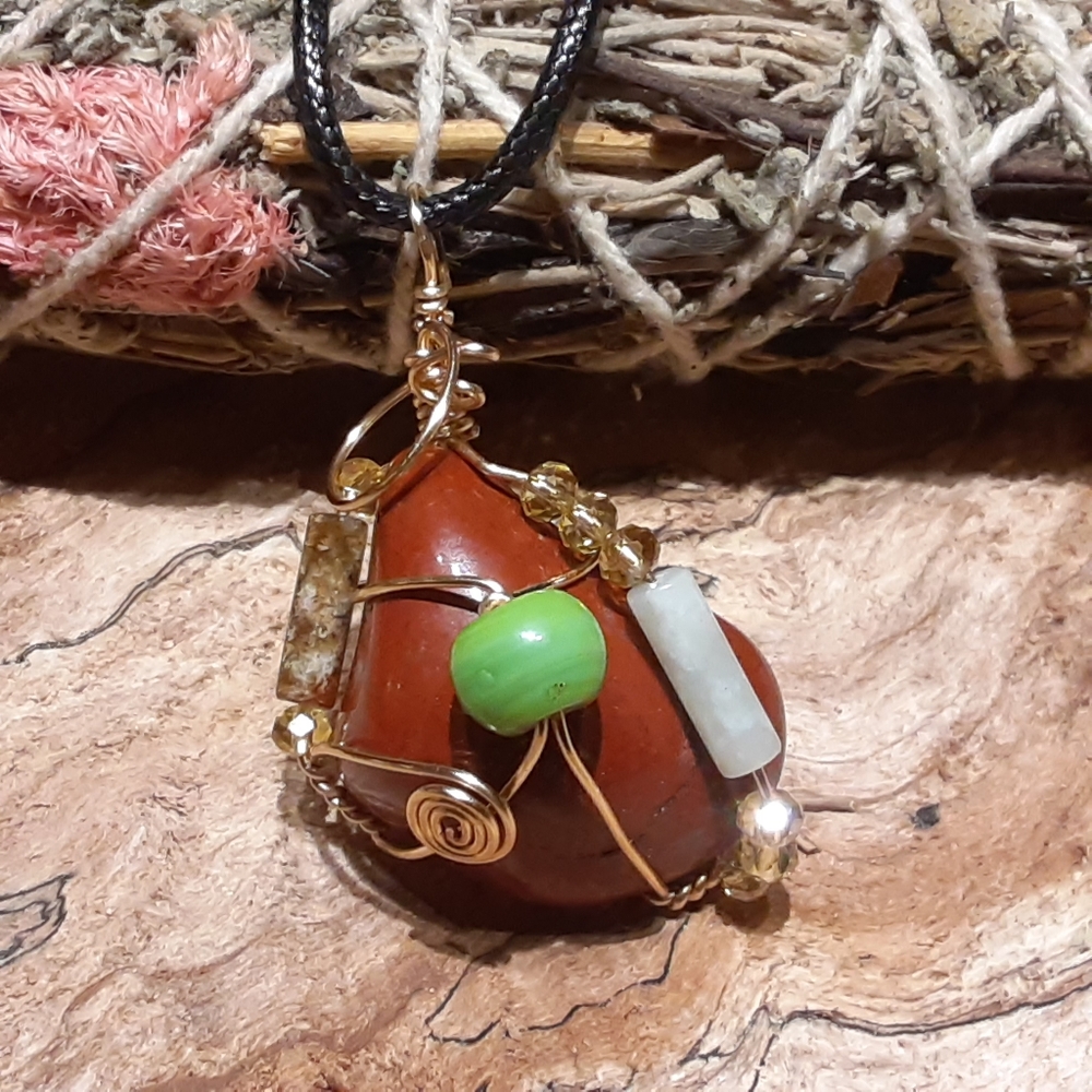 Boho Red Jasper Crystal Wirewrapped Pendant Necklace
